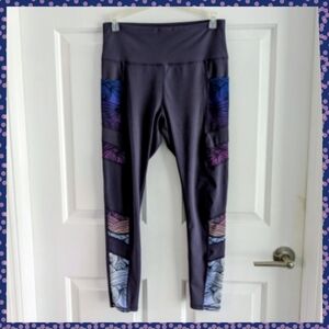 Dark Purple Leggings Hidden  Pockets Wide Waistband Athletic Pant Yoga Pants Med